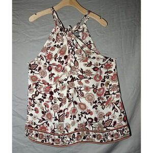 New York & Company Cream Floral Halter Tank with Pink and Brown Accents